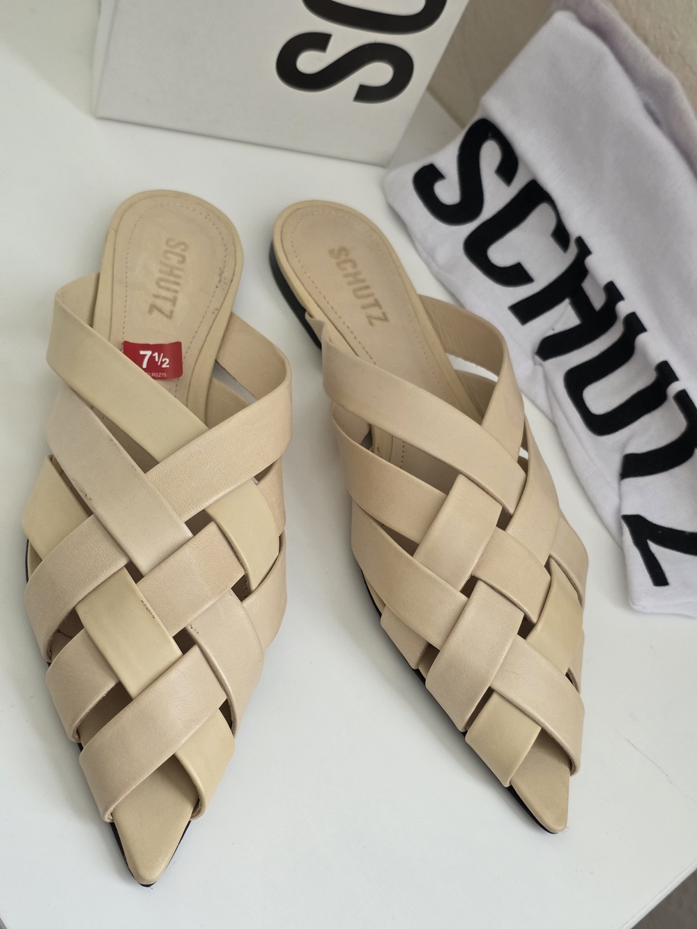 SCHUTZ Nude Woven Pointed Slide Mules Pietra Flat Size 7.5